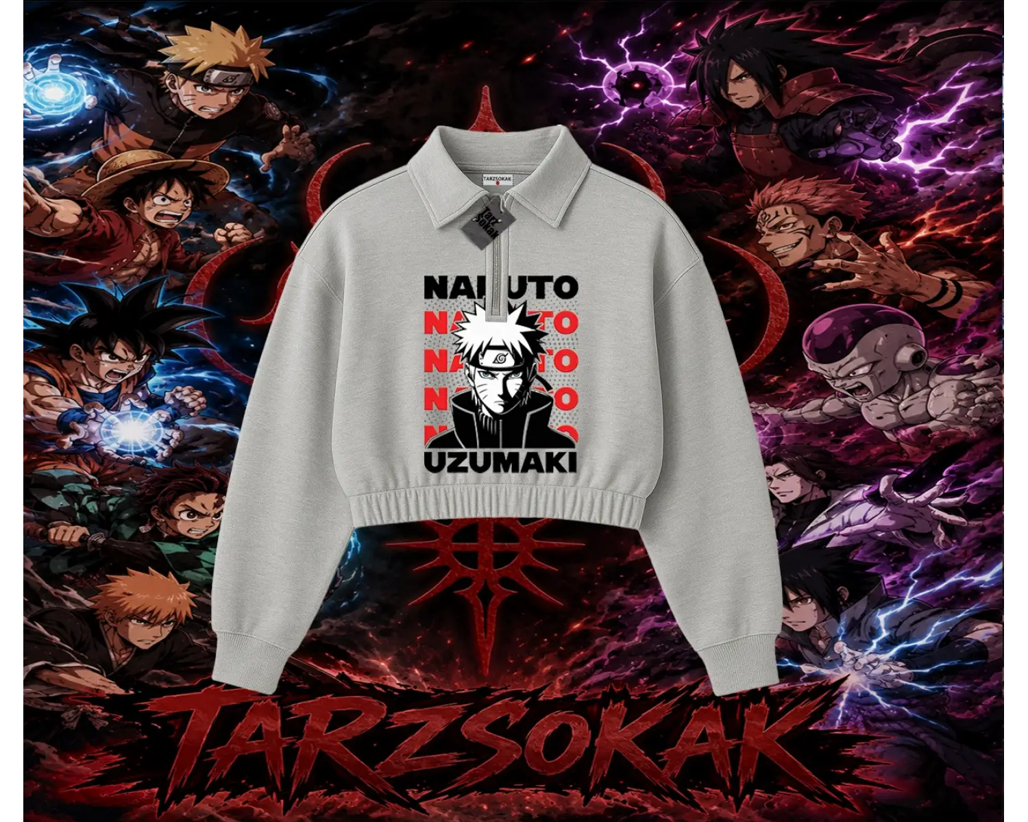 Naruto Uzumaki Premium Anime Kadın Crop Polo Yaka Yarım Fermuarlı Sweatshirt Beyaz