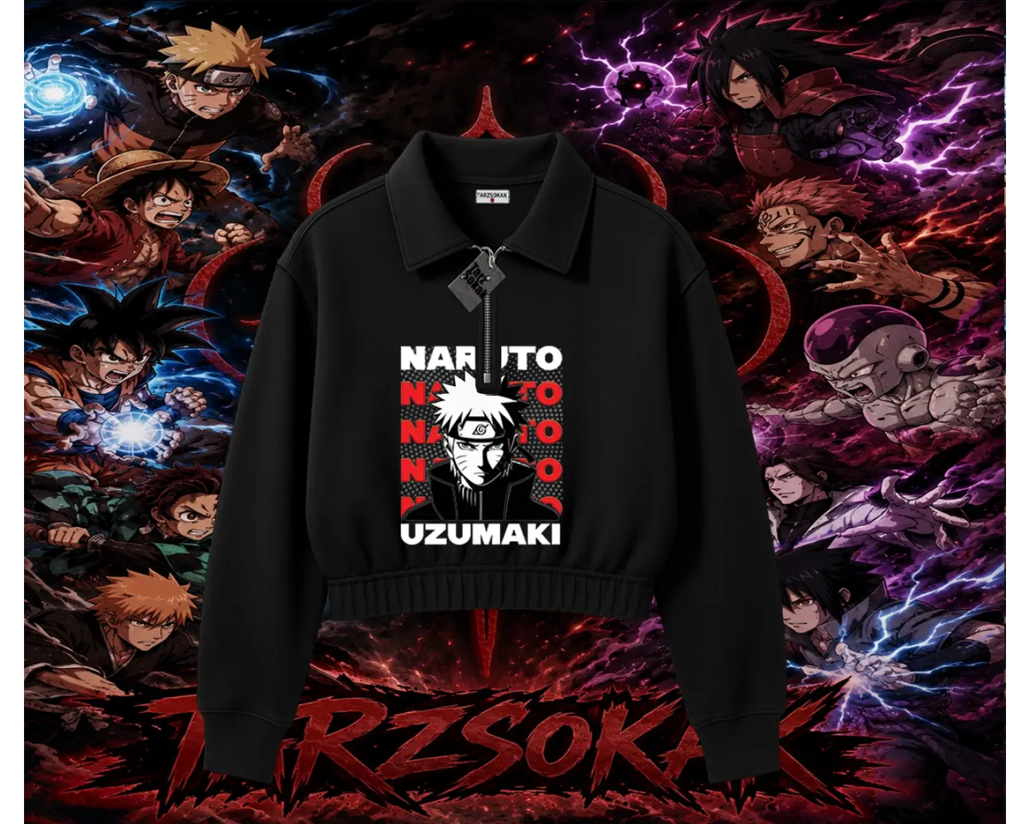 Naruto Uzumaki Premium Anime Kadın Crop Polo Yaka Yarım Fermuarlı Sweatshirt Beyaz