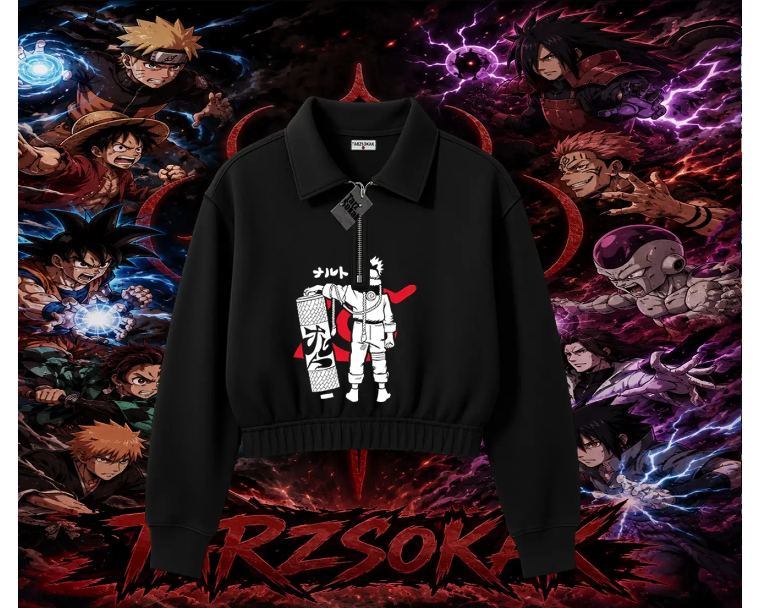 Naruto Uzumaki Premium Anime Kadın Crop Polo Yaka Yarım Fermuarlı Sweatshirt Beyaz