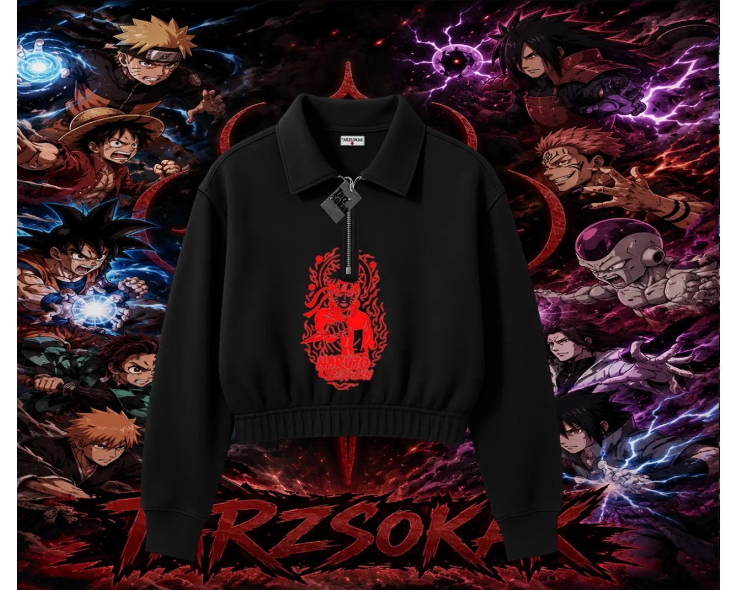 Naruto Uzumaki Premium Anime Kadın Crop Polo Yaka Yarım Fermuarlı Sweatshirt Beyaz