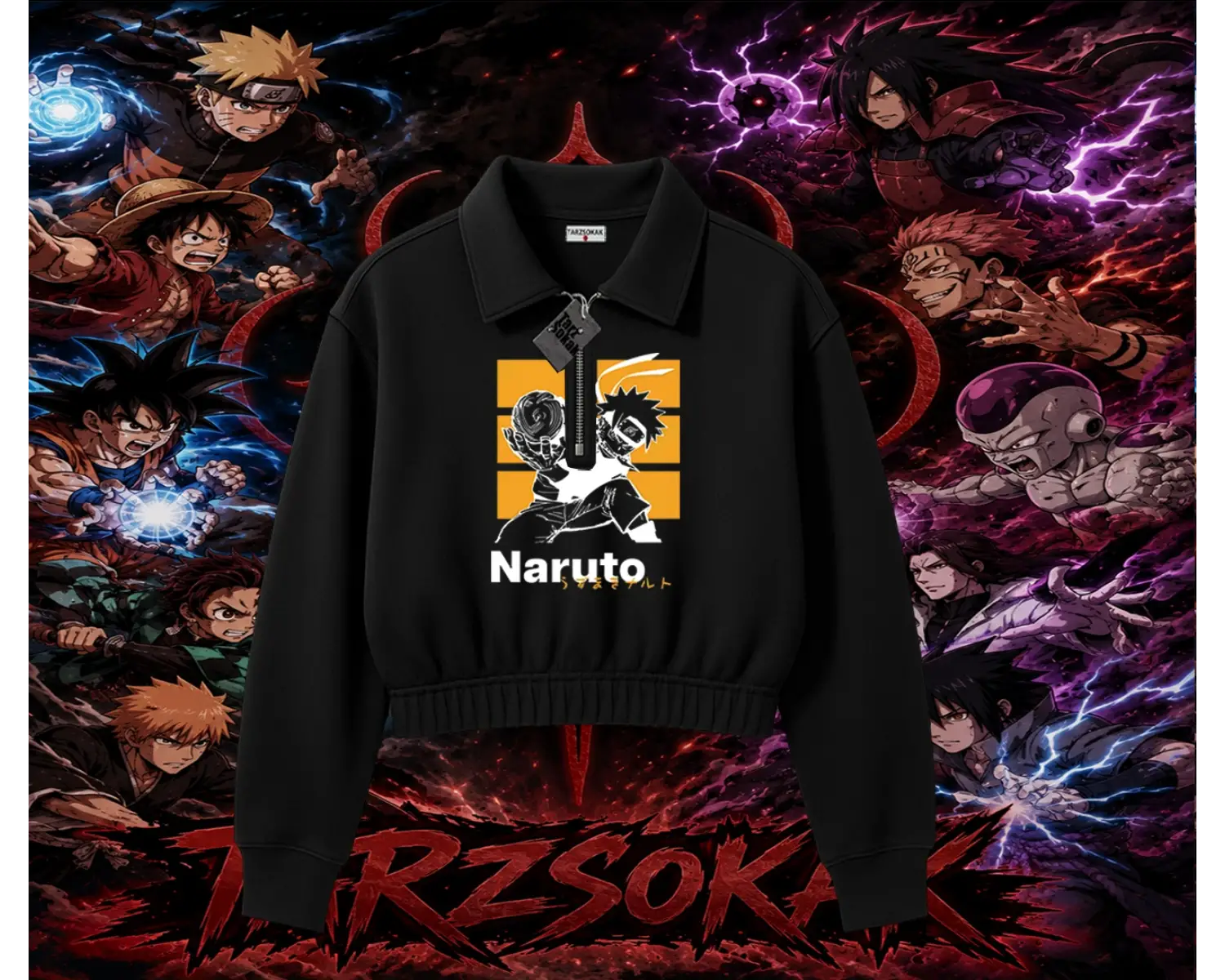 Naruto Uzumaki Premium Anime Kadın Crop Polo Yaka Yarım Fermuarlı Sweatshirt Beyaz
