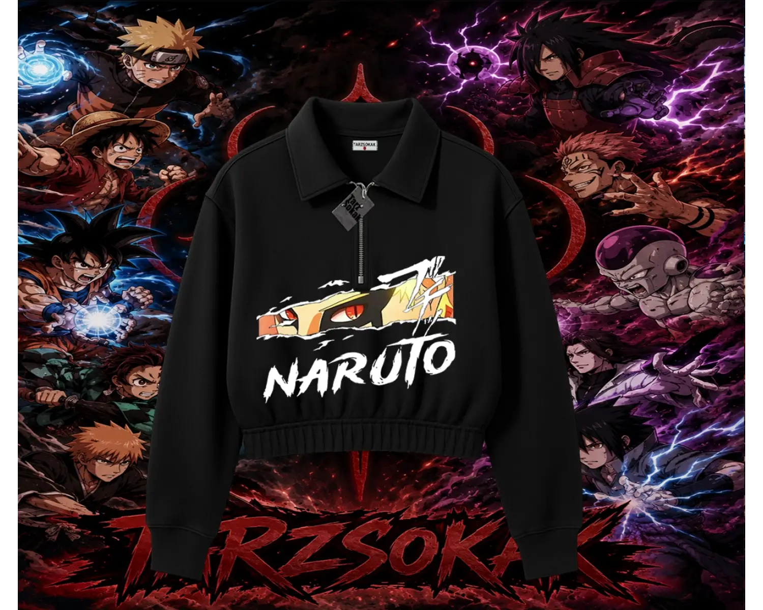 Naruto Uzumaki Premium Anime Kadın Crop Polo Yaka Yarım Fermuarlı Sweatshirt Beyaz