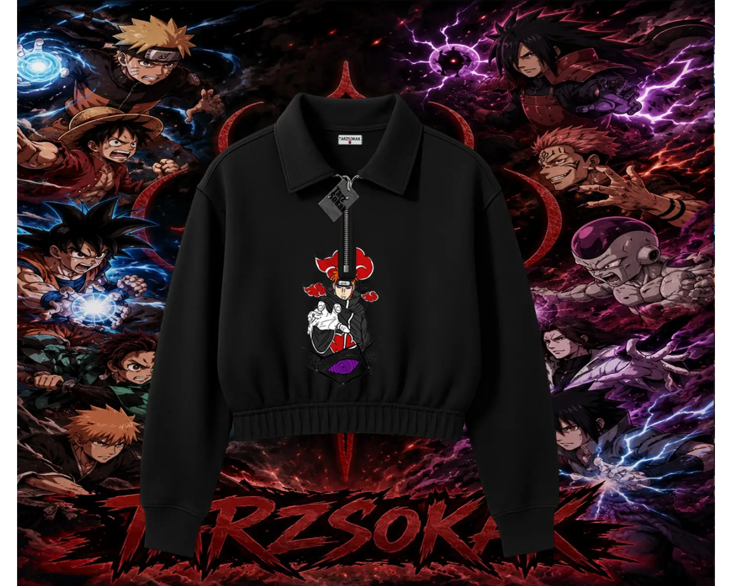 Naruto Uzumaki Premium Anime Kadın Crop Polo Yaka Yarım Fermuarlı Sweatshirt Beyaz