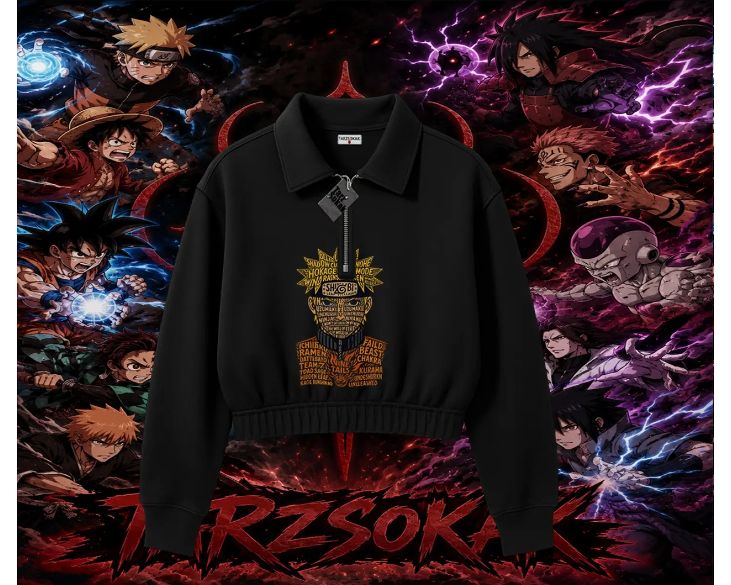 Naruto Uzumaki Premium Anime Kadın Crop Polo Yaka Yarım Fermuarlı Sweatshirt Beyaz