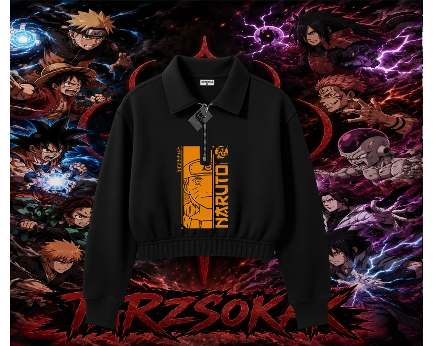 Naruto Uzumaki Premium Anime Kadın Crop Polo Yaka Yarım Fermuarlı Sweatshirt Beyaz