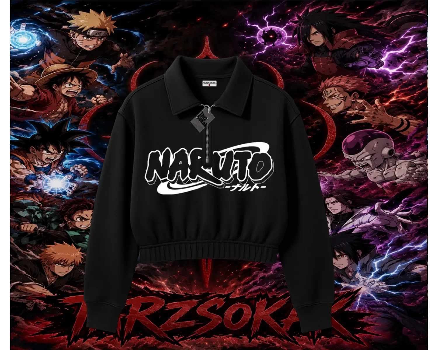 Naruto Uzumaki Premium Anime Kadın Crop Polo Yaka Yarım Fermuarlı Sweatshirt Beyaz