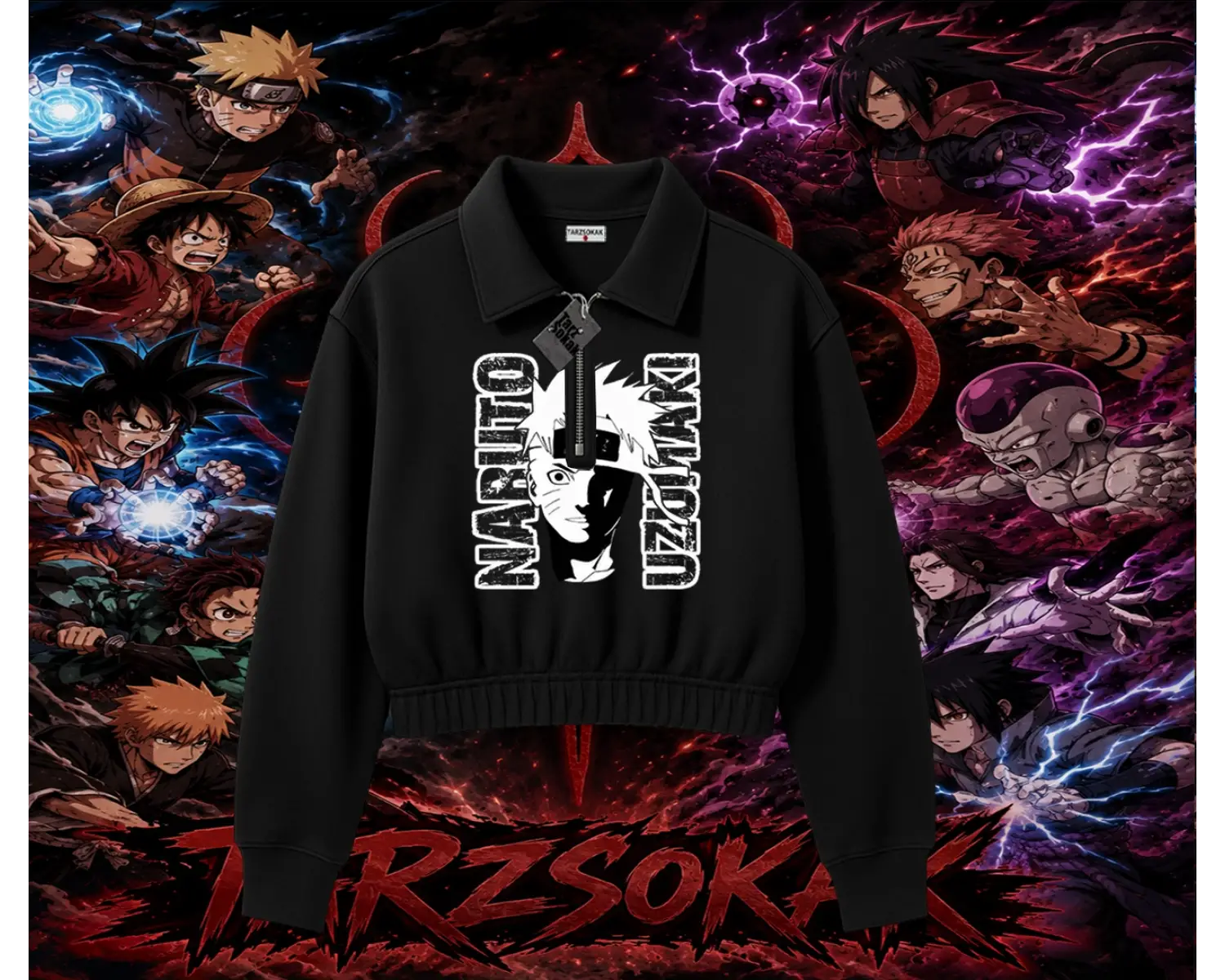 Naruto Uzumaki Premium Anime Kadın Crop Polo Yaka Yarım Fermuarlı Sweatshirt Beyaz