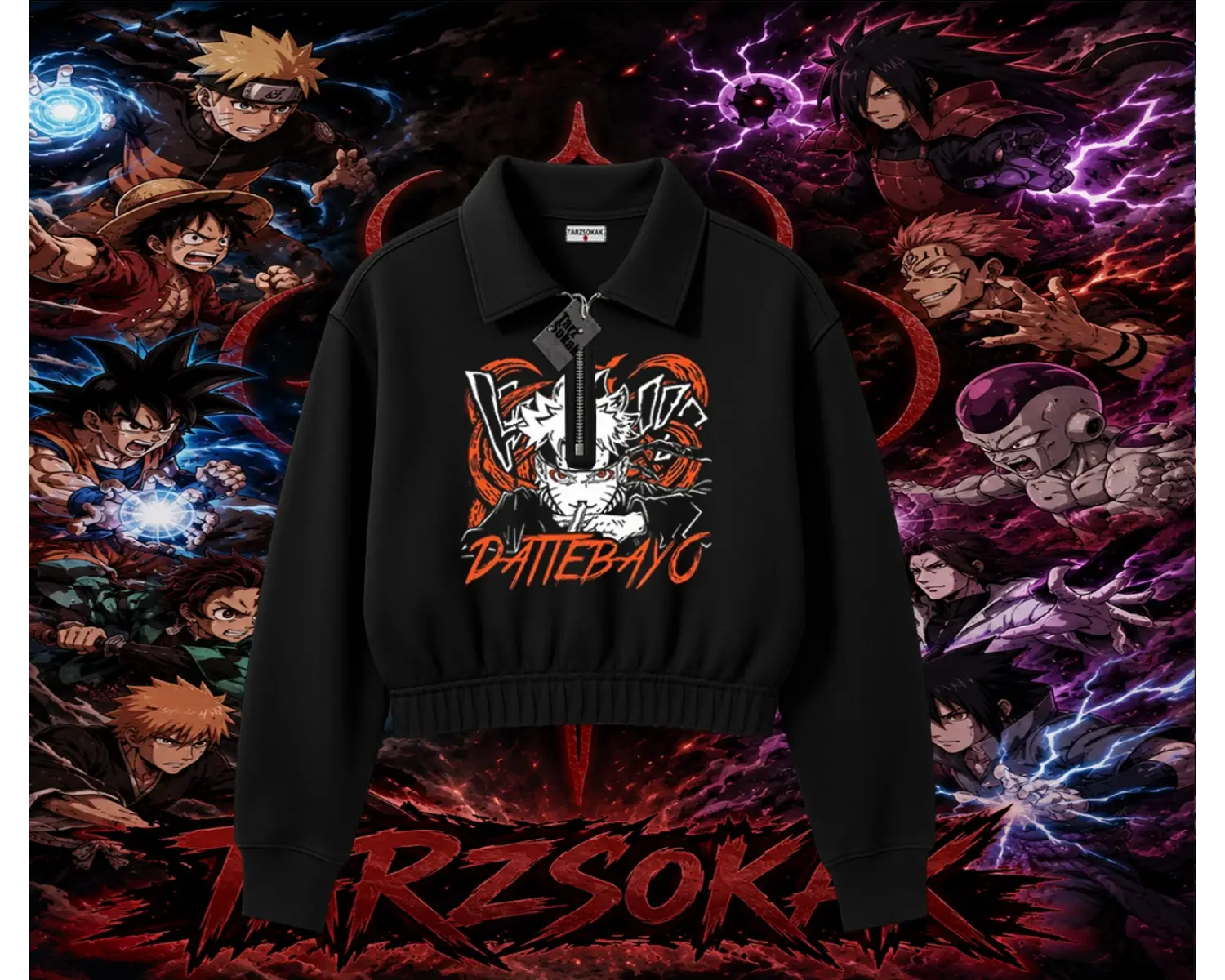 Naruto Uzumaki Premium Anime Kadın Crop Polo Yaka Yarım Fermuarlı Sweatshirt Beyaz