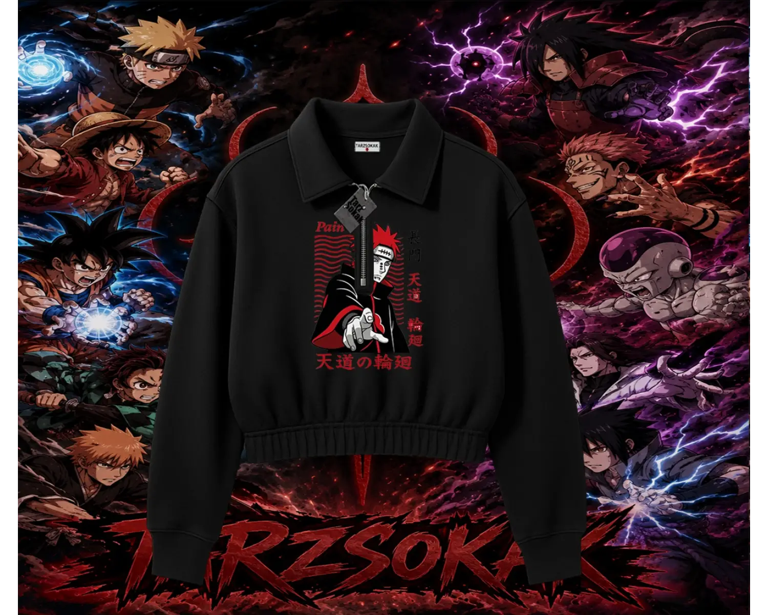 Naruto Uzumaki Premium Anime Kadın Crop Polo Yaka Yarım Fermuarlı Sweatshirt Beyaz