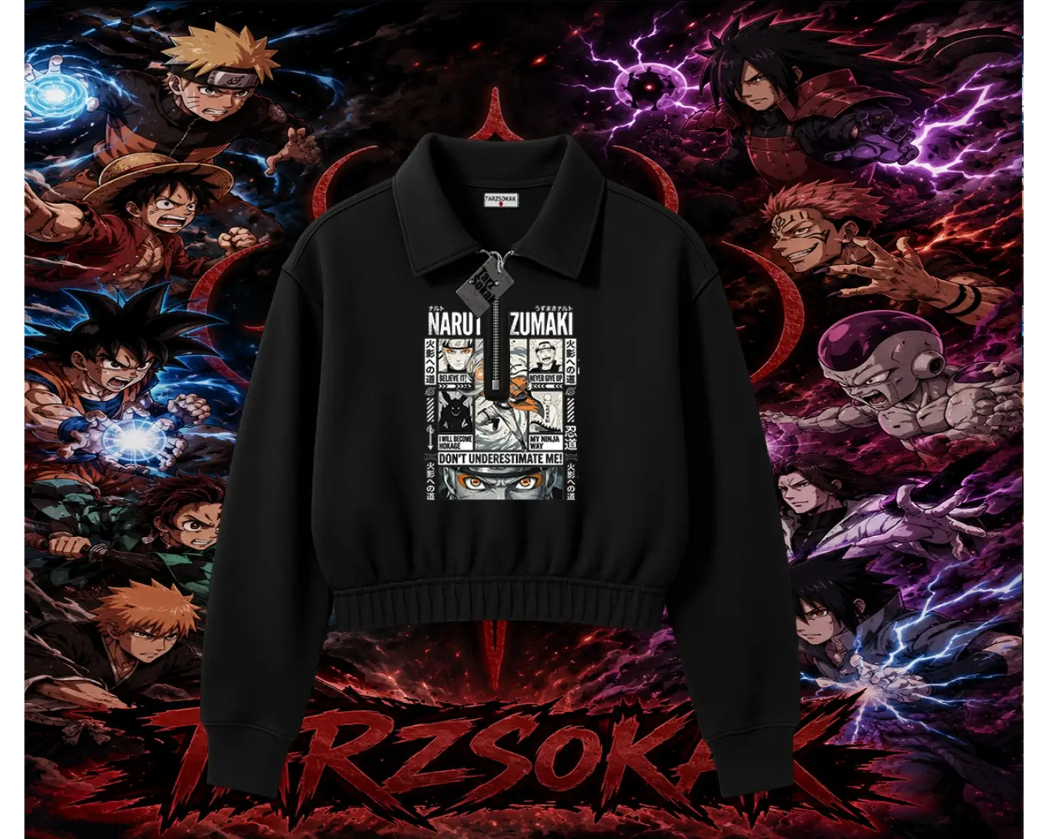 Naruto Uzumaki Premium Anime Kadın Crop Polo Yaka Yarım Fermuarlı Sweatshirt Beyaz