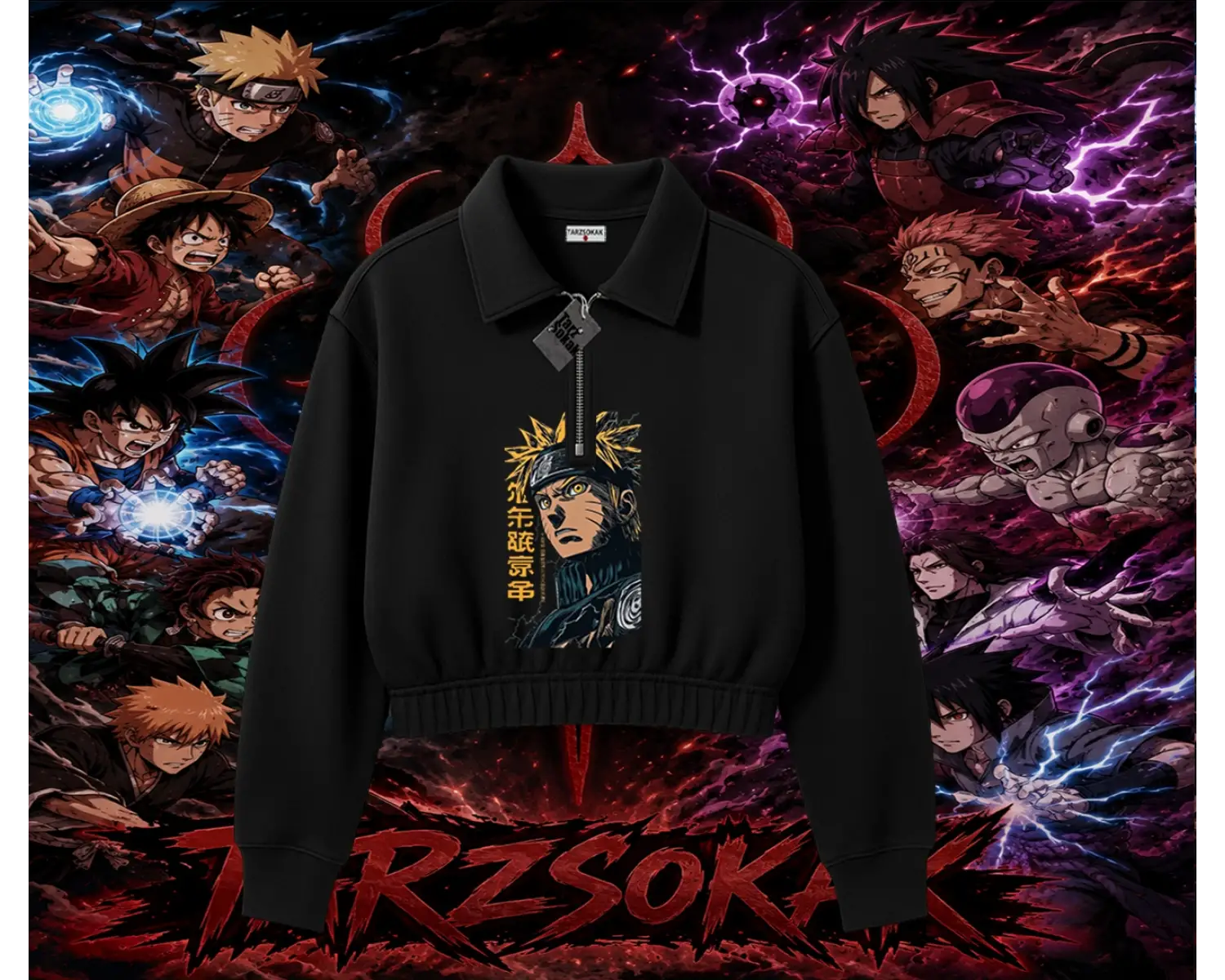 Naruto Uzumaki Premium Anime Kadın Crop Polo Yaka Yarım Fermuarlı Sweatshirt Beyaz