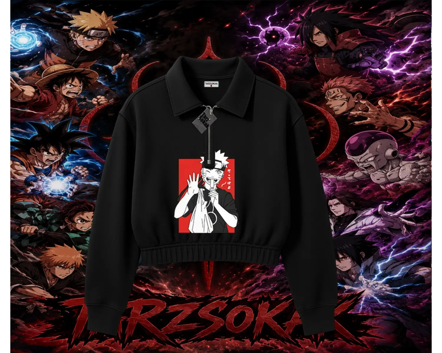 Naruto Uzumaki Premium Anime Kadın Crop Polo Yaka Yarım Fermuarlı Sweatshirt Beyaz