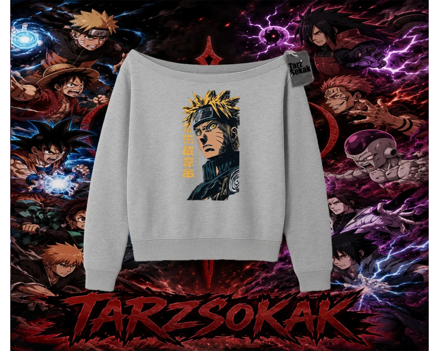 Naruto Uzumaki Premium Anime Kadın Kayık Yaka Sweatshirt Beyaz