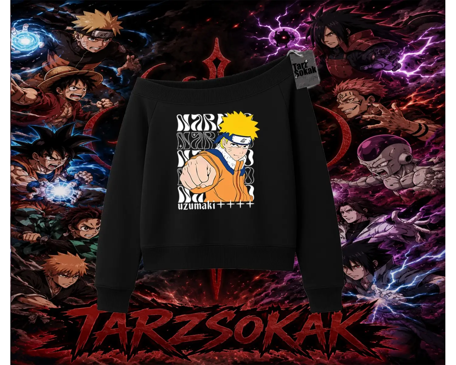 Naruto Uzumaki Premium Anime Kadın Kayık Yaka Sweatshirt Beyaz
