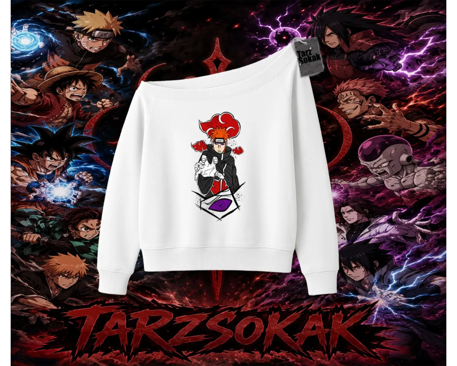 Naruto Uzumaki Premium Anime Kadın Kayık Yaka Sweatshirt Beyaz