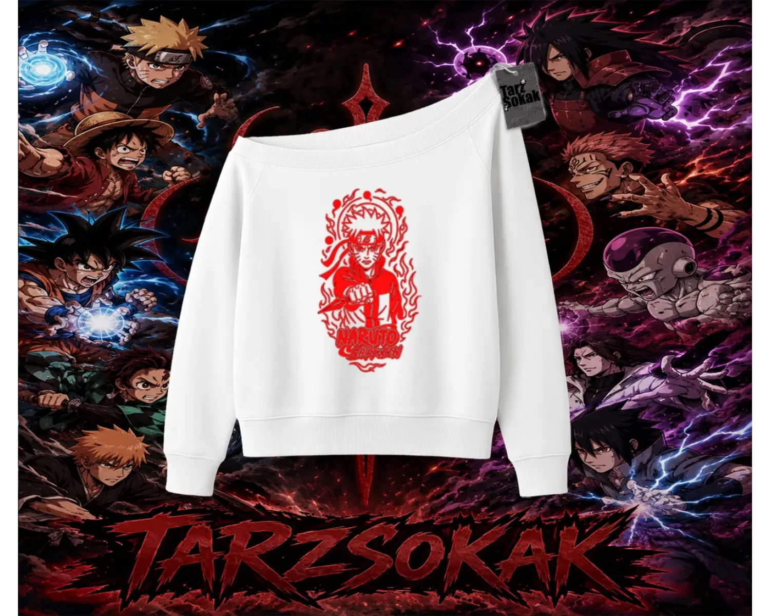 Naruto Uzumaki Premium Anime Kadın Kayık Yaka Sweatshirt Beyaz