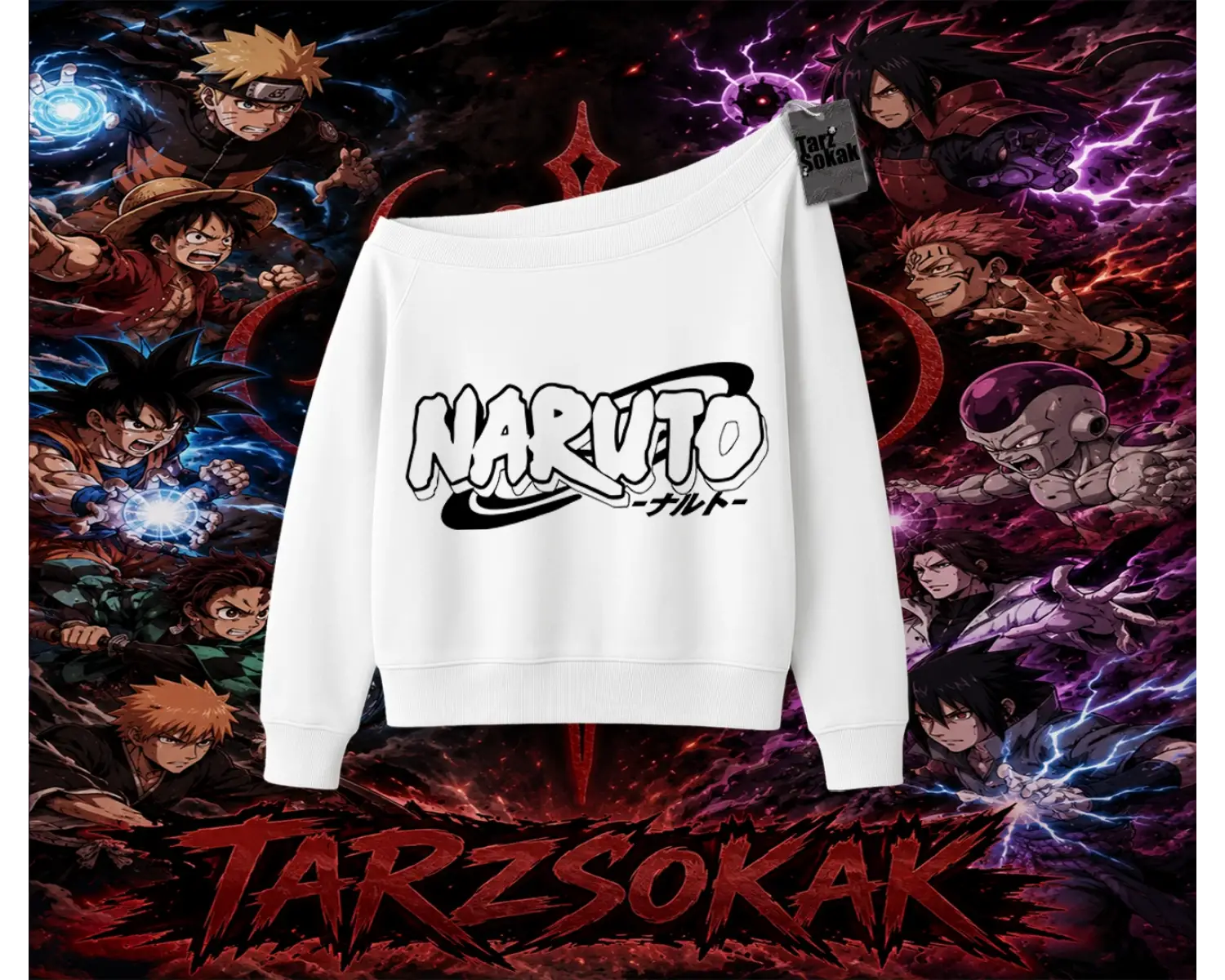 Naruto Uzumaki Premium Anime Kadın Kayık Yaka Sweatshirt Beyaz