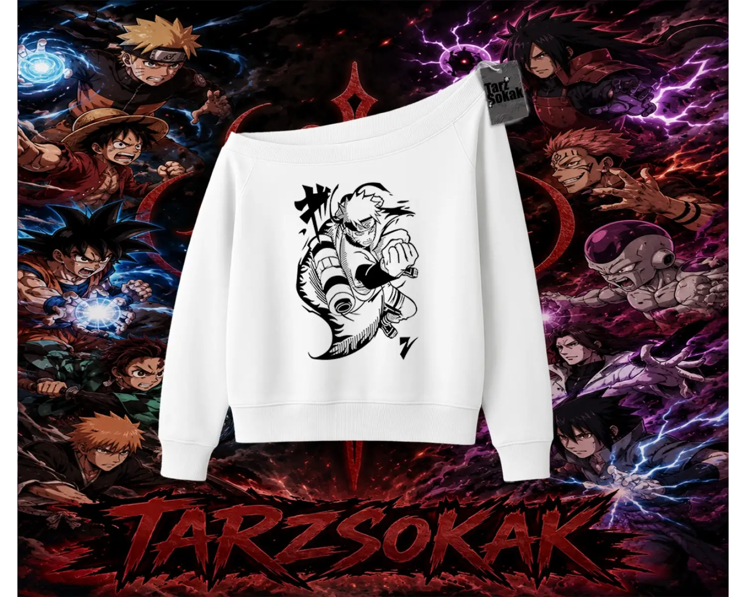 Naruto Uzumaki Premium Anime Kadın Kayık Yaka Sweatshirt Beyaz