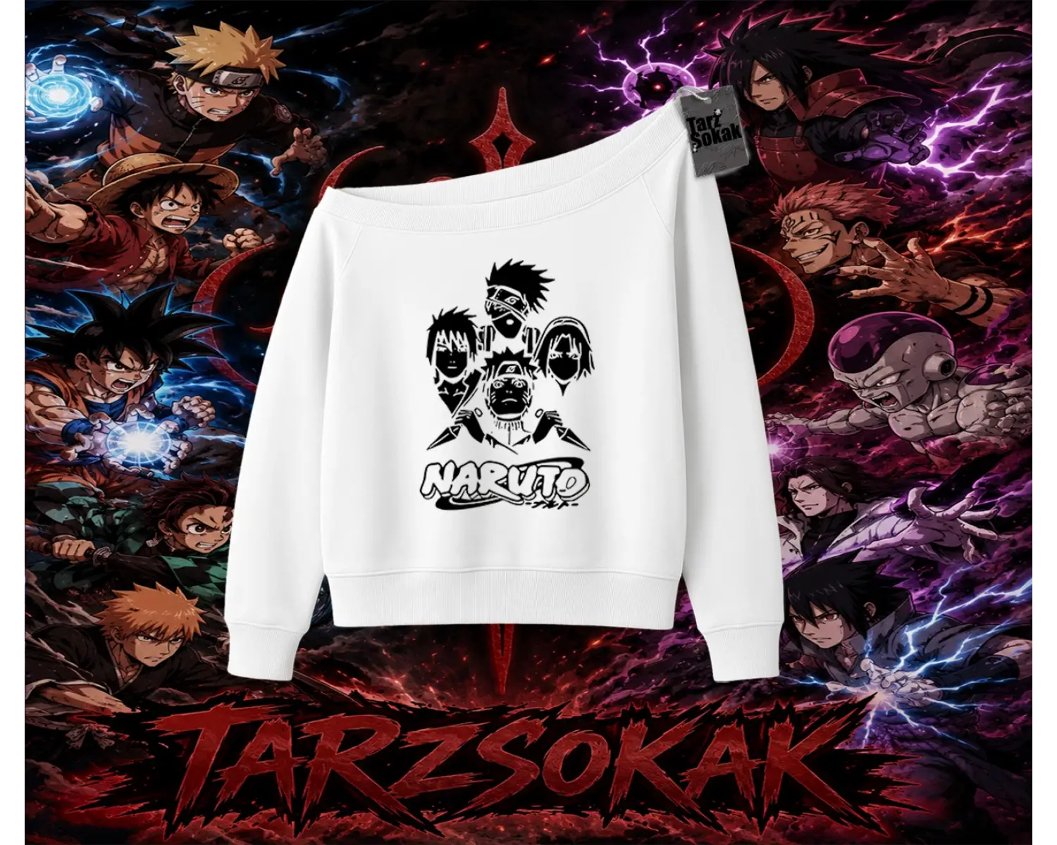 Naruto Uzumaki Premium Anime Kadın Kayık Yaka Sweatshirt Beyaz