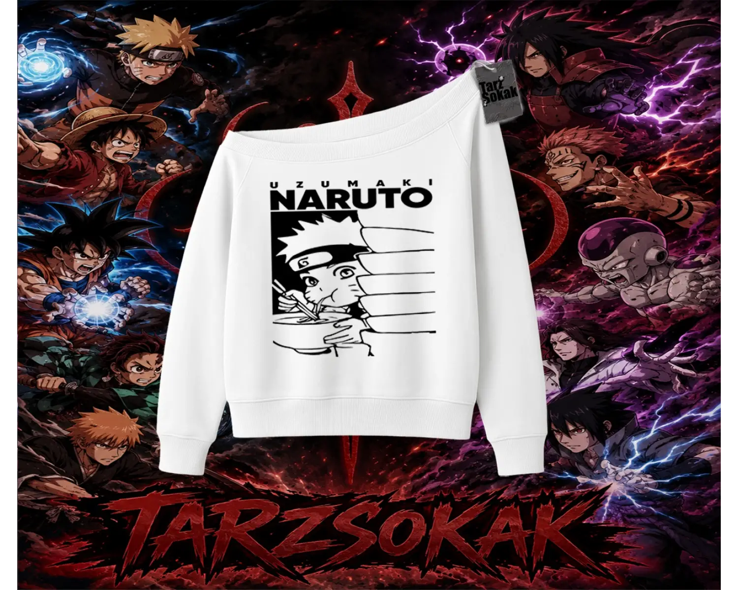 Naruto Uzumaki Premium Anime Kadın Kayık Yaka Sweatshirt Beyaz