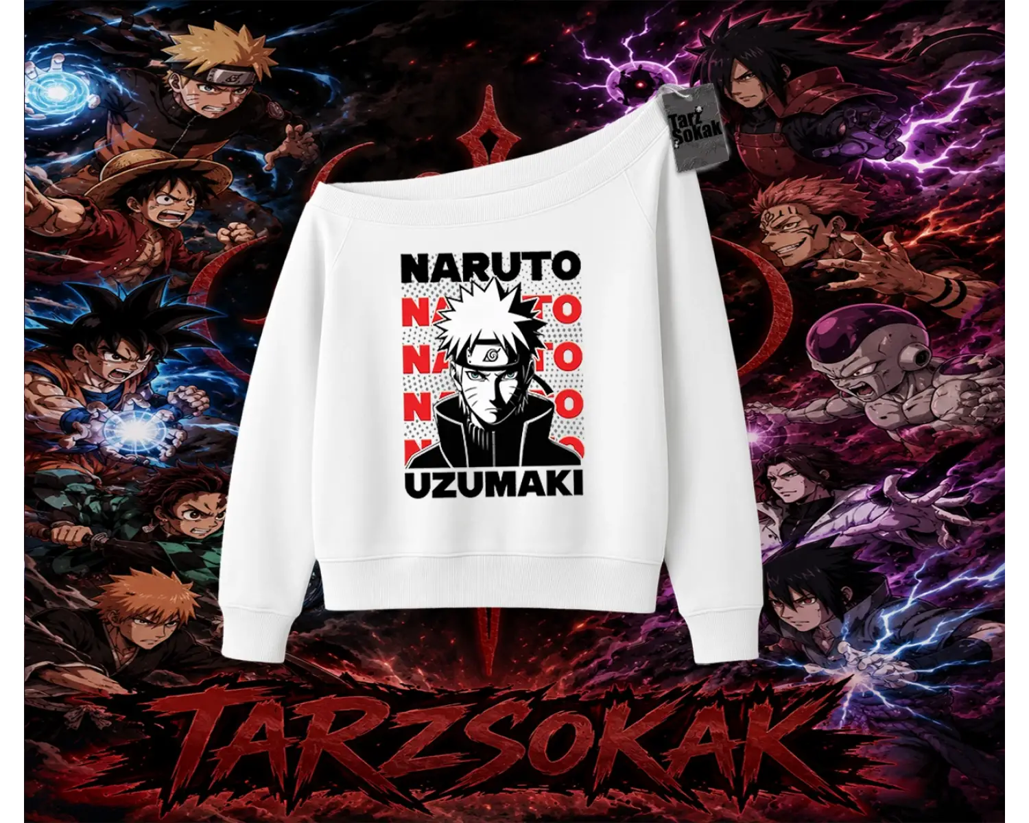 Naruto Uzumaki Premium Anime Kadın Kayık Yaka Sweatshirt Beyaz