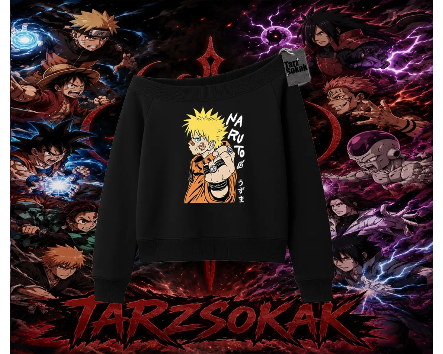 Naruto Uzumaki Premium Anime Kadın Kayık Yaka Sweatshirt Beyaz