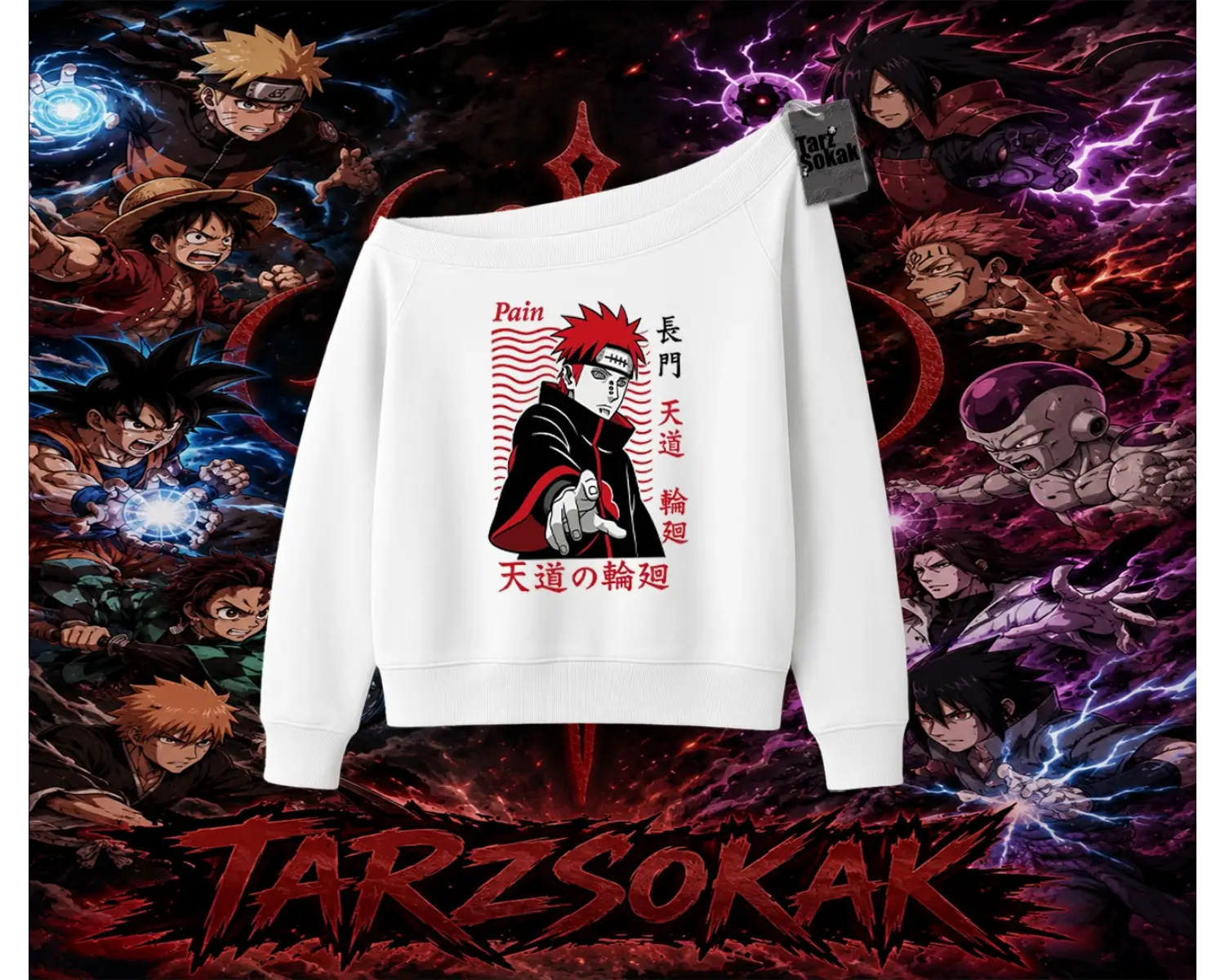 Naruto Uzumaki Premium Anime Kadın Kayık Yaka Sweatshirt Beyaz