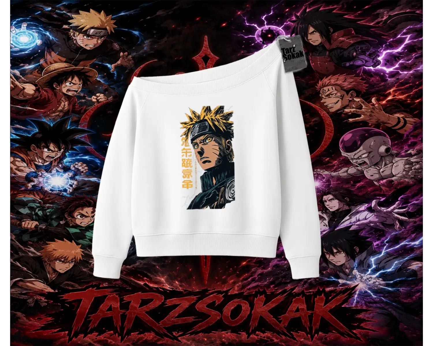 Naruto Uzumaki Premium Anime Kadın Kayık Yaka Sweatshirt Beyaz