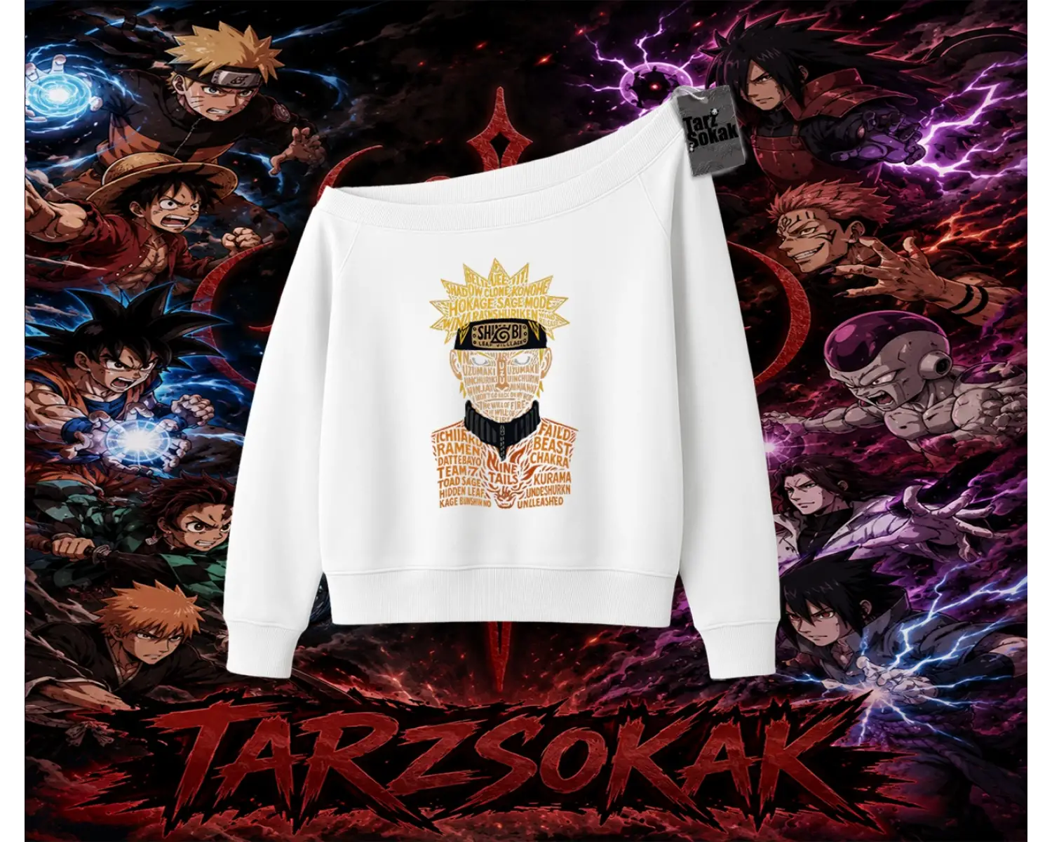 Naruto Uzumaki Premium Anime Kadın Kayık Yaka Sweatshirt Beyaz