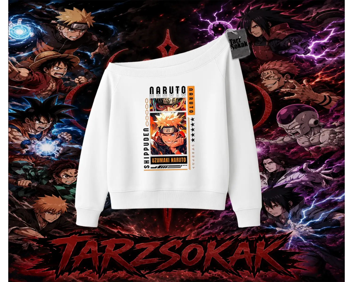 Naruto Uzumaki Premium Anime Kadın Kayık Yaka Sweatshirt Beyaz