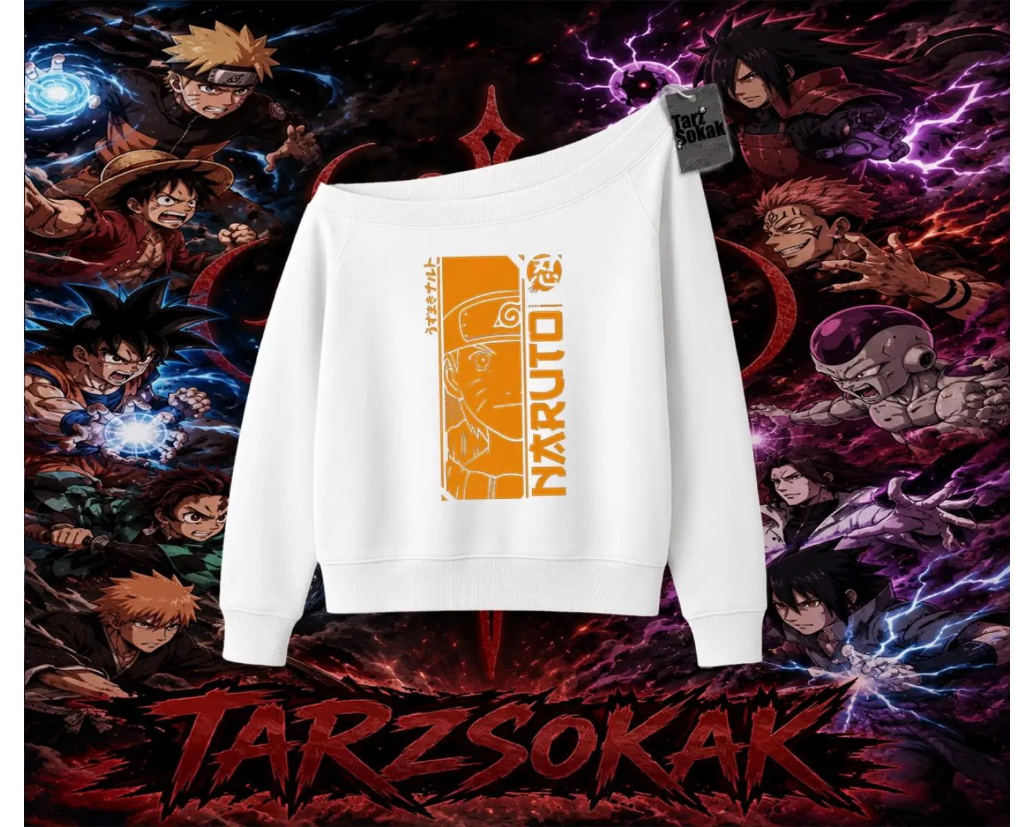 Naruto Uzumaki Premium Anime Kadın Kayık Yaka Sweatshirt Beyaz