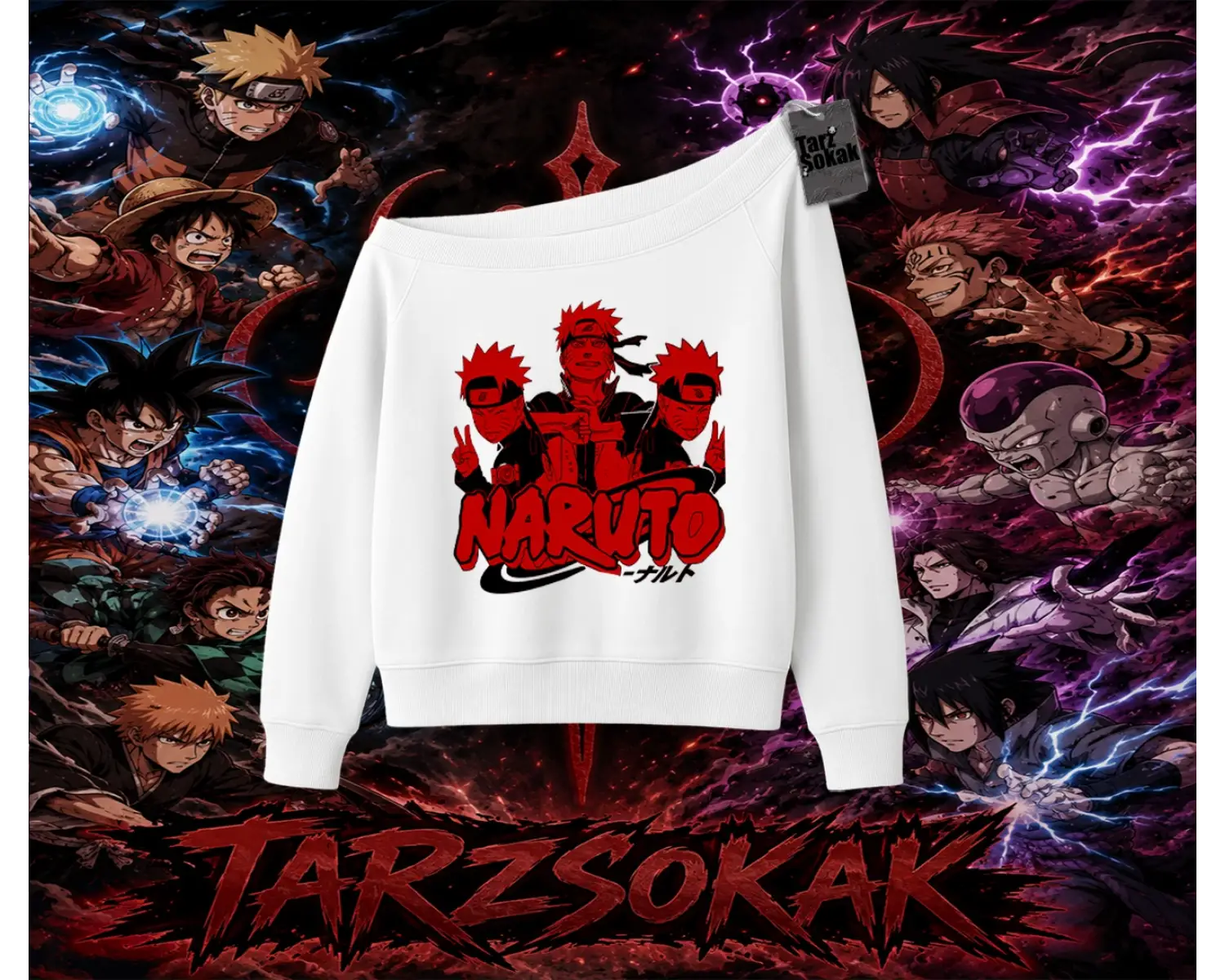 Naruto Uzumaki Premium Anime Kadın Kayık Yaka Sweatshirt Beyaz