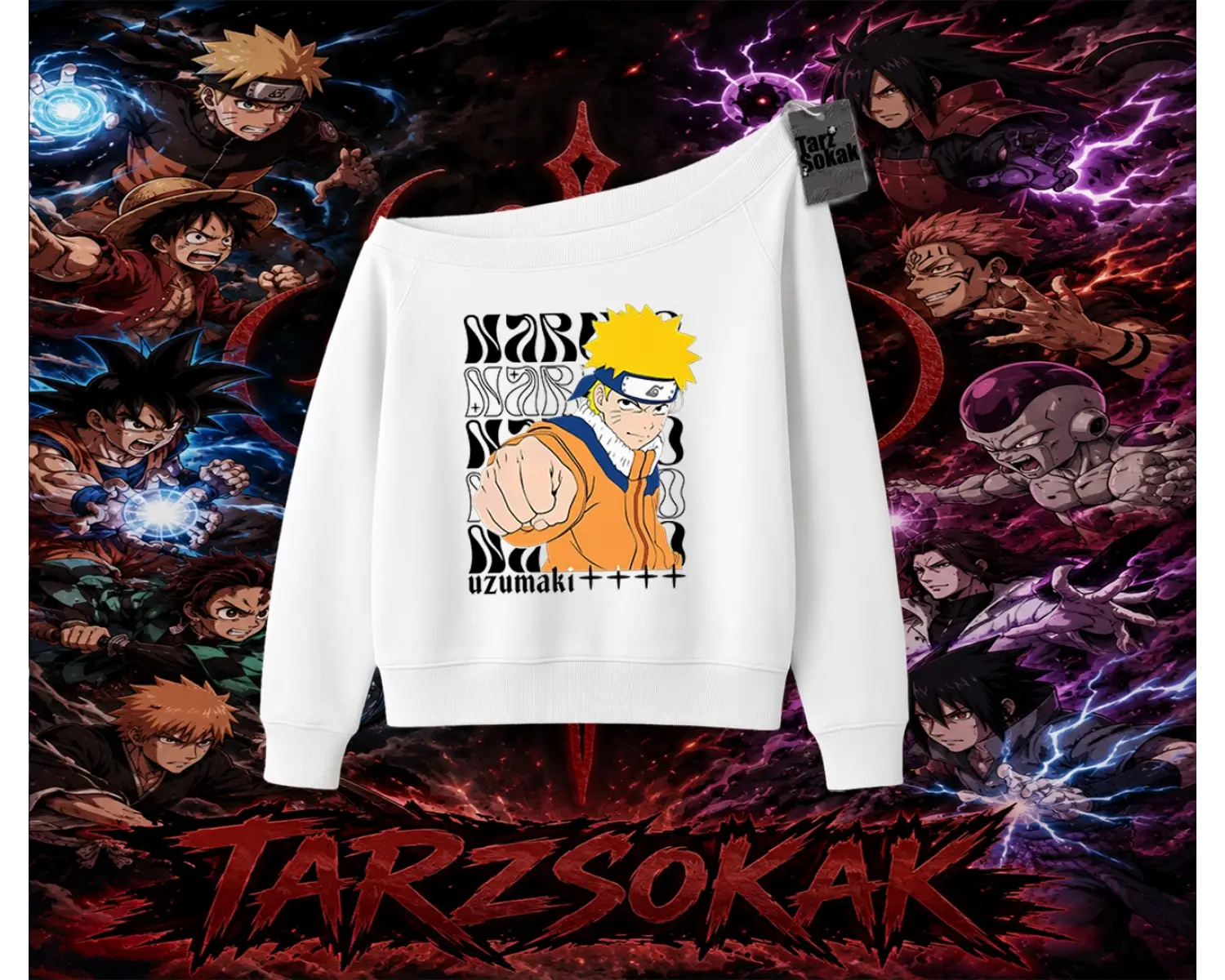 Naruto Uzumaki Premium Anime Kadın Kayık Yaka Sweatshirt Beyaz
