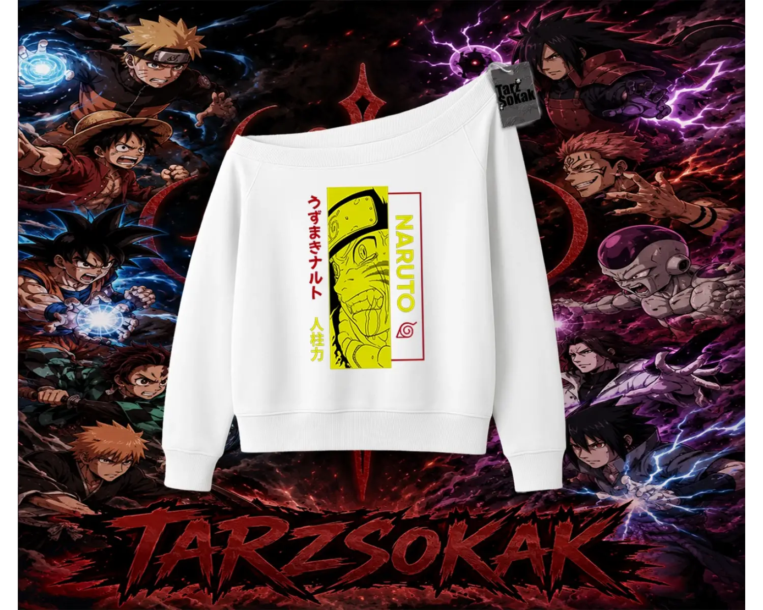 Naruto Uzumaki Premium Anime Kadın Kayık Yaka Sweatshirt Beyaz