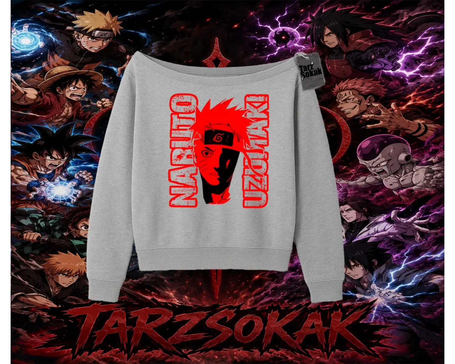 Naruto Uzumaki Premium Anime Kadın Kayık Yaka Sweatshirt Beyaz