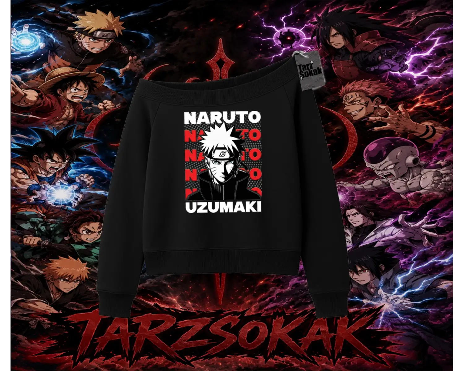 Naruto Uzumaki Premium Anime Kadın Kayık Yaka Sweatshirt Beyaz