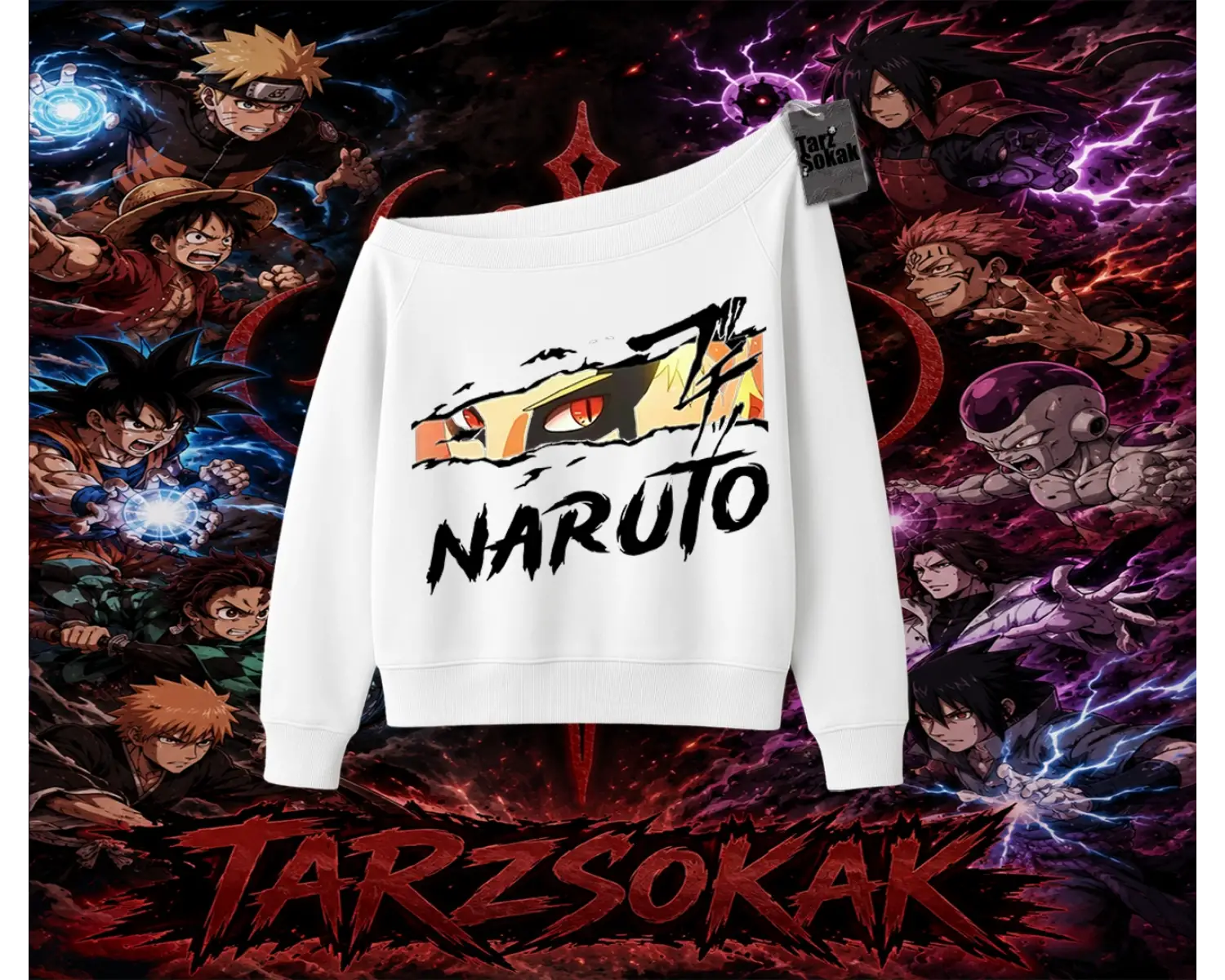 Naruto Uzumaki Premium Anime Kadın Kayık Yaka Sweatshirt Beyaz