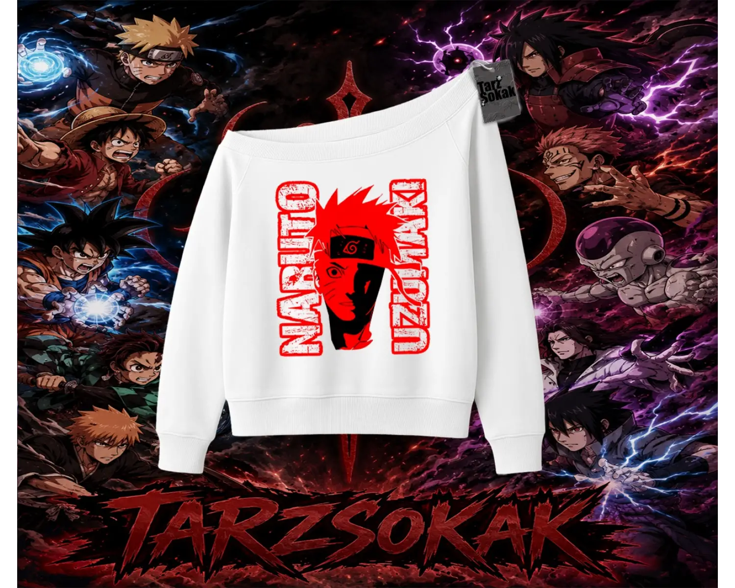 Naruto Uzumaki Premium Anime Kadın Kayık Yaka Sweatshirt Beyaz