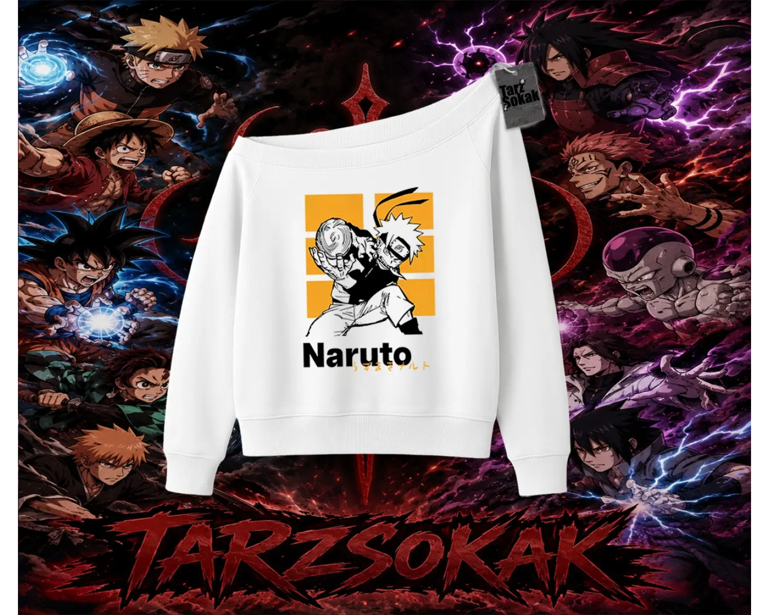 Naruto Uzumaki Premium Anime Kadın Kayık Yaka Sweatshirt Beyaz