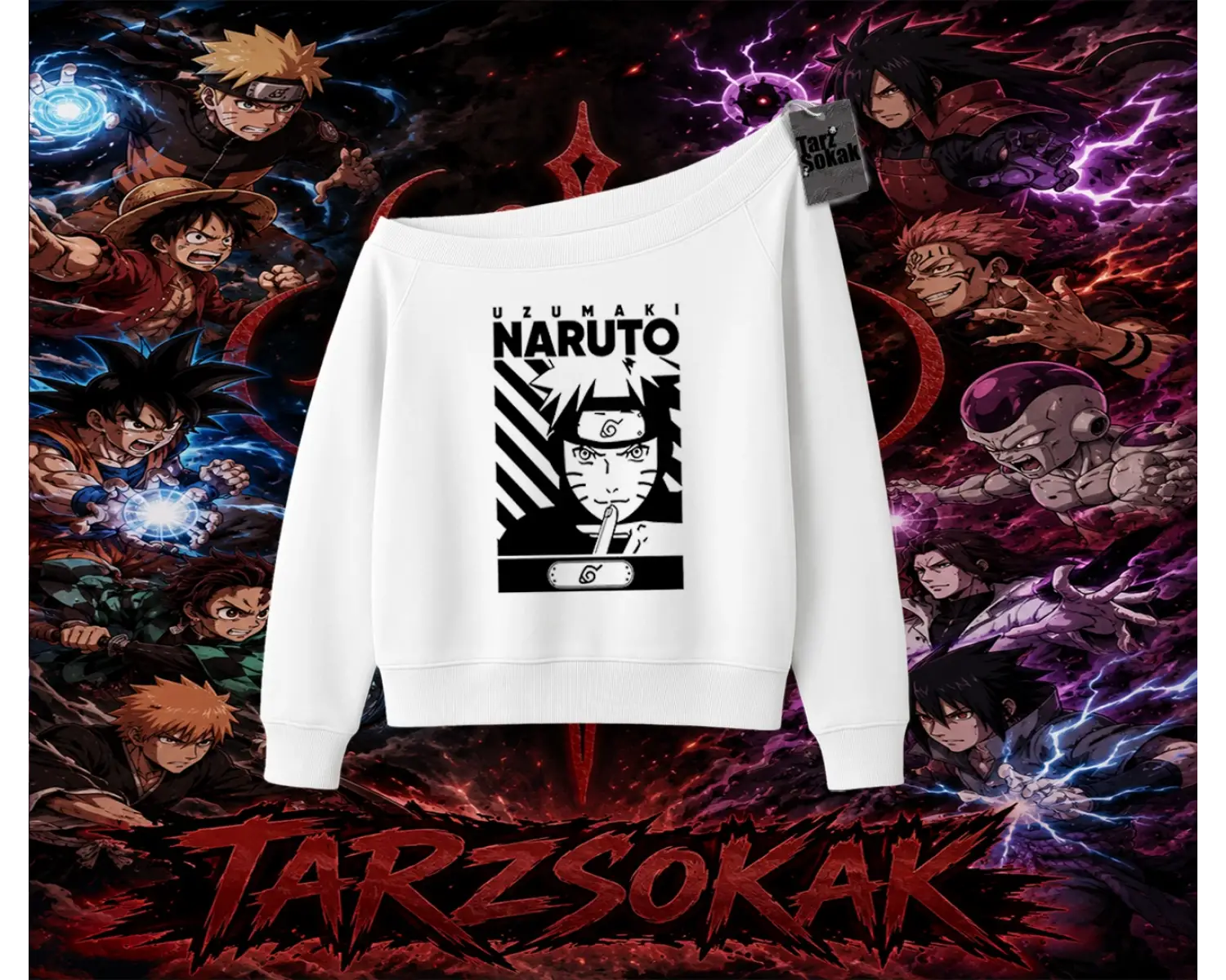 Naruto Uzumaki Premium Anime Kadın Kayık Yaka Sweatshirt Beyaz