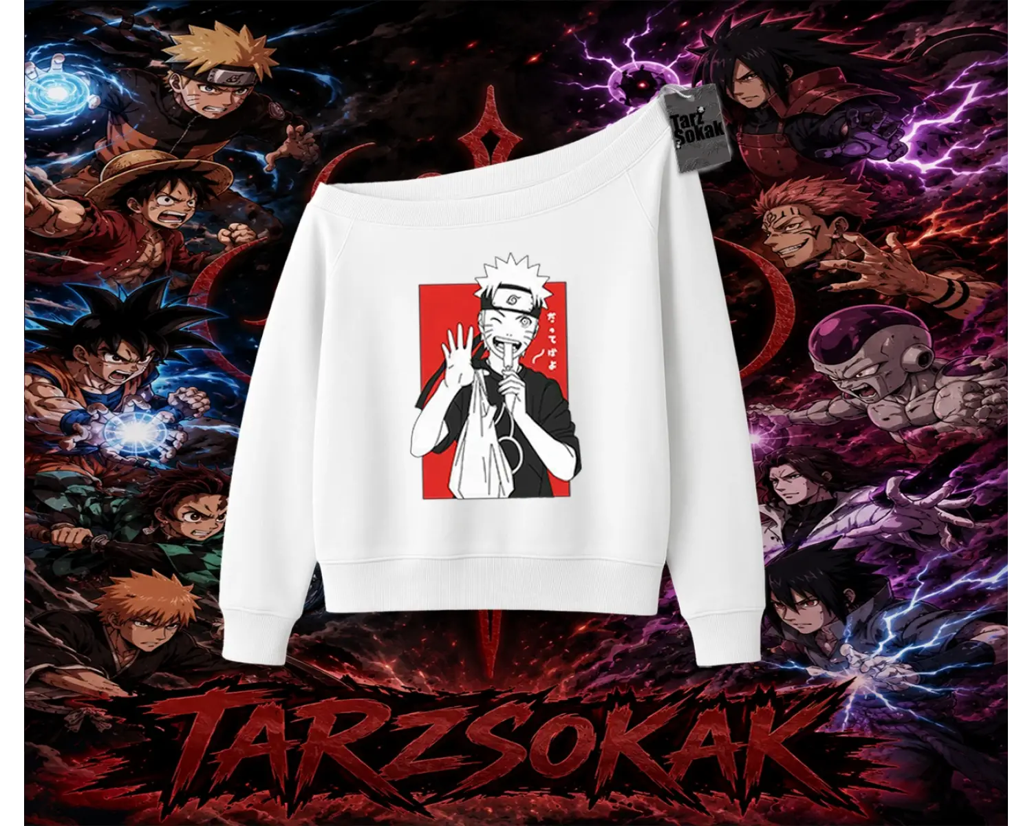 Naruto Uzumaki Premium Anime Kadın Kayık Yaka Sweatshirt Beyaz