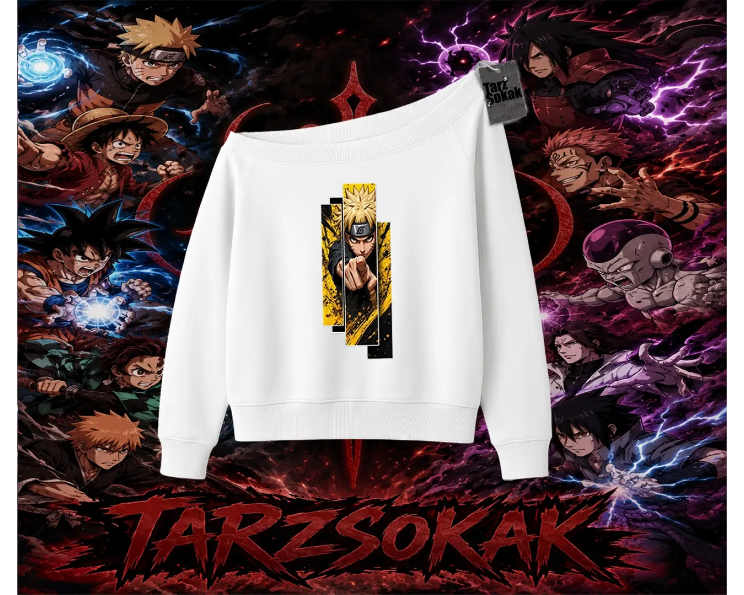 Naruto Uzumaki Premium Anime Kadın Kayık Yaka Sweatshirt Beyaz