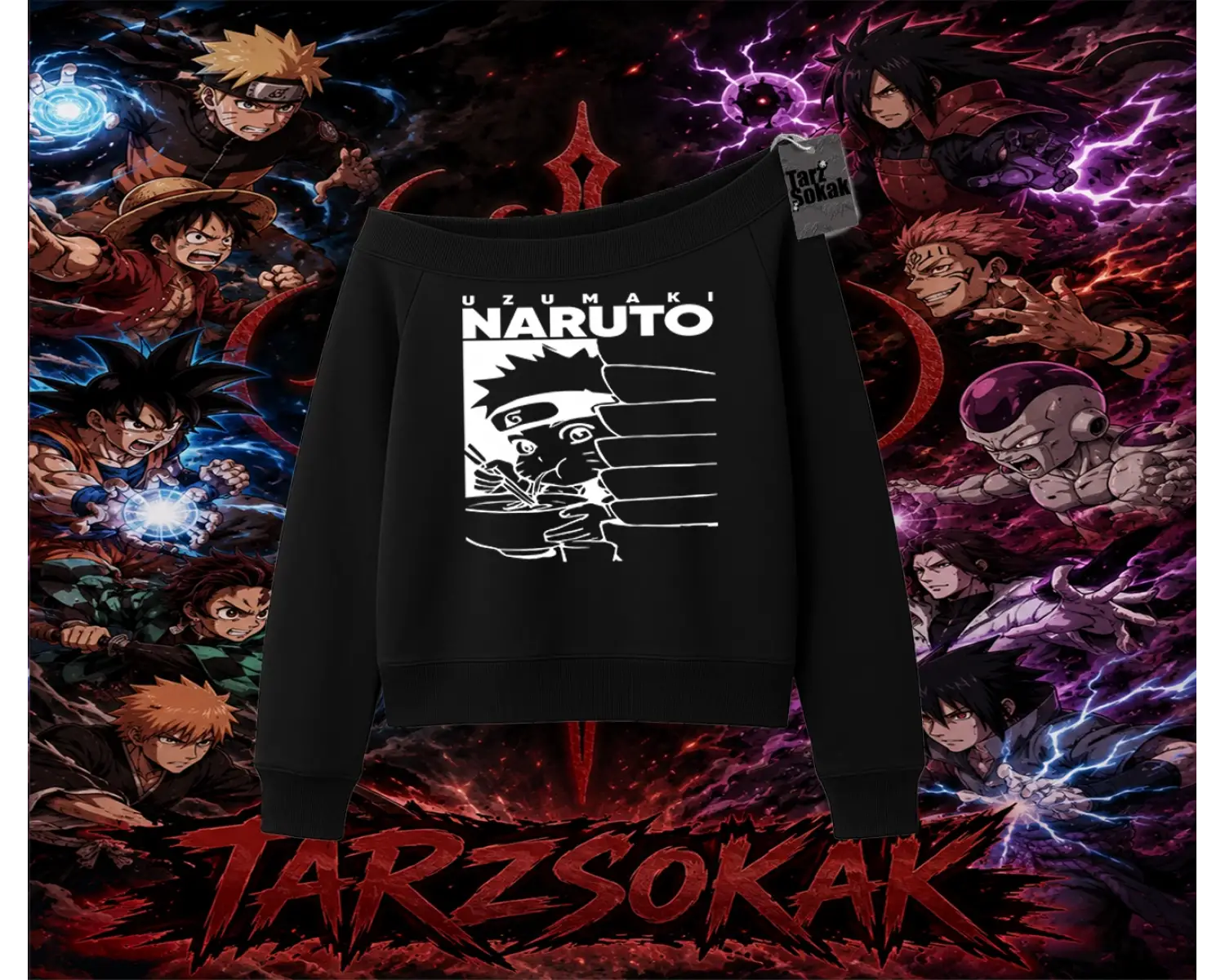 Naruto Uzumaki Premium Anime Kadın Kayık Yaka Sweatshirt Beyaz