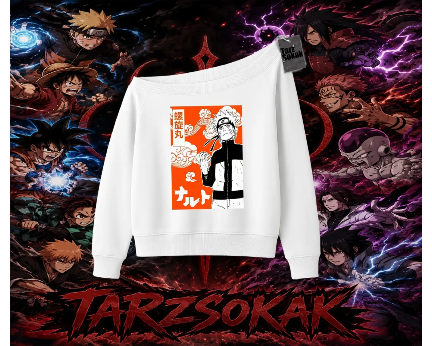 Naruto Uzumaki Premium Anime Kadın Kayık Yaka Sweatshirt Beyaz