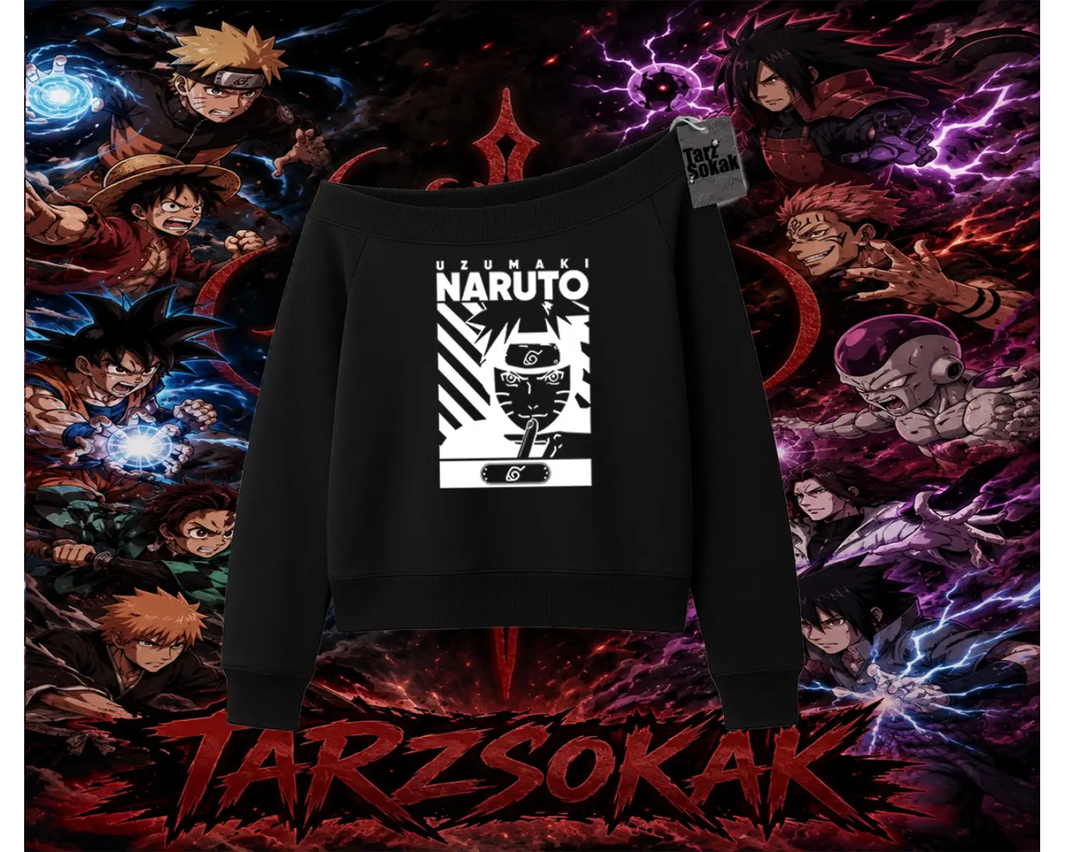 Naruto Uzumaki Premium Anime Kadın Kayık Yaka Sweatshirt Beyaz