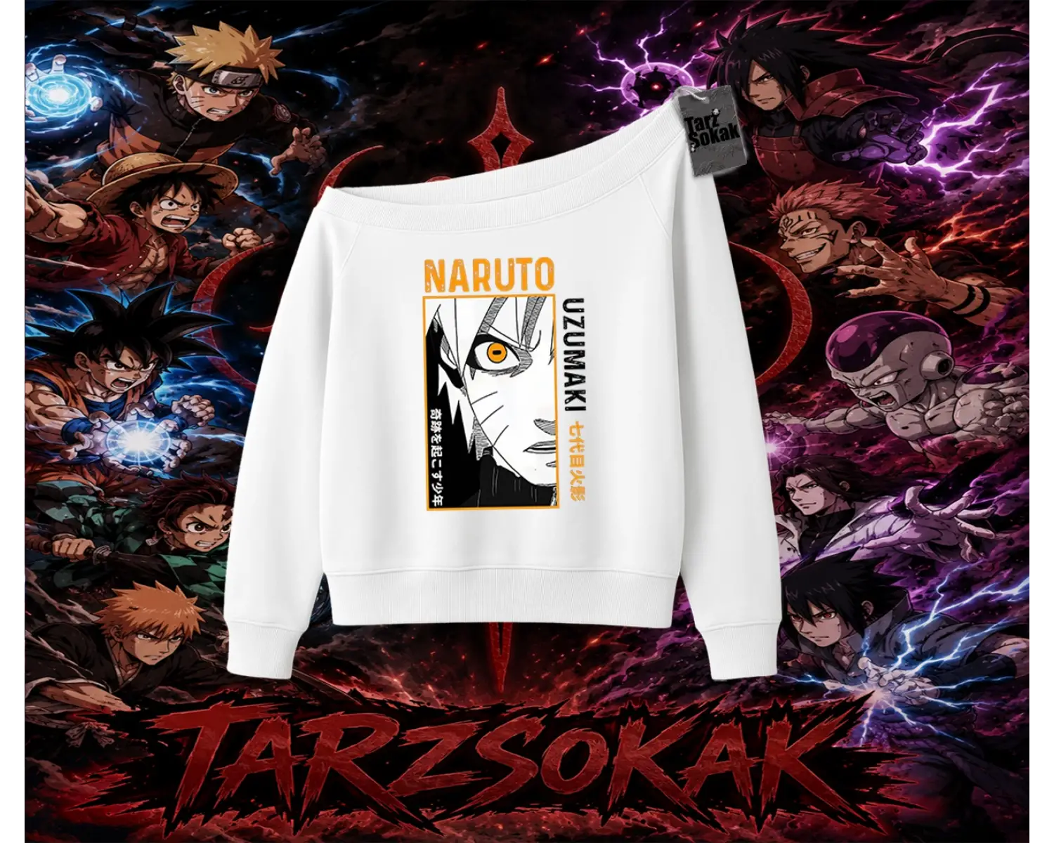 Naruto Uzumaki Premium Anime Kadın Kayık Yaka Sweatshirt Beyaz