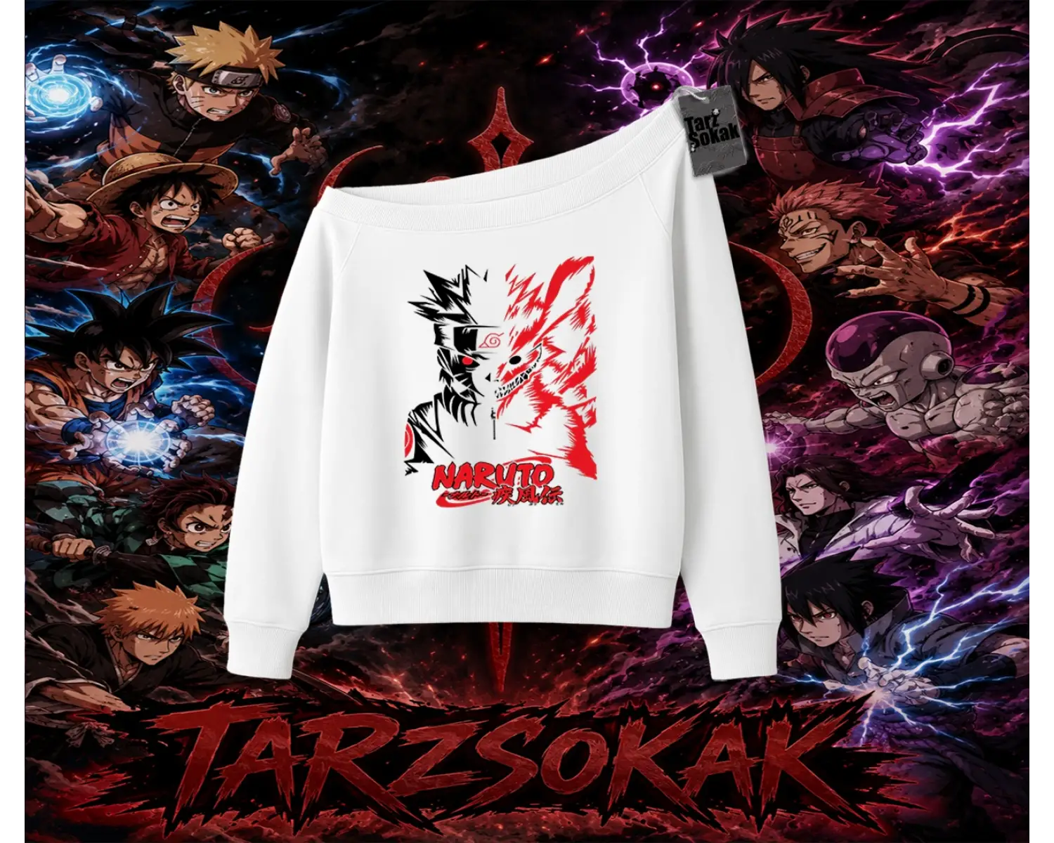 Naruto Uzumaki Premium Anime Kadın Kayık Yaka Sweatshirt Beyaz