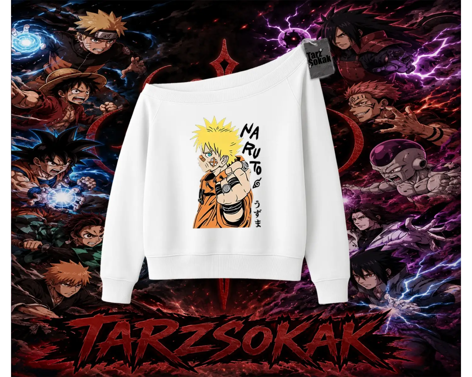 Naruto Uzumaki Premium Anime Kadın Kayık Yaka Sweatshirt Beyaz