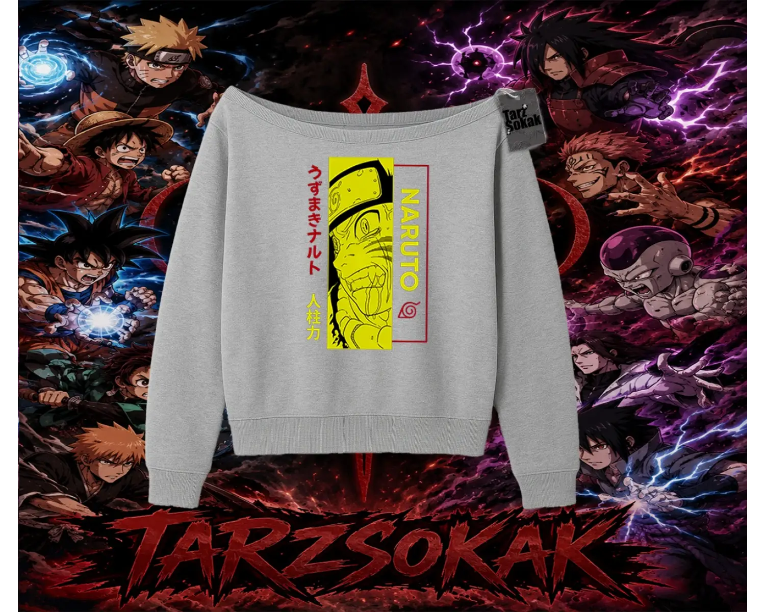 Naruto Uzumaki Premium Anime Kadın Kayık Yaka Sweatshirt Beyaz