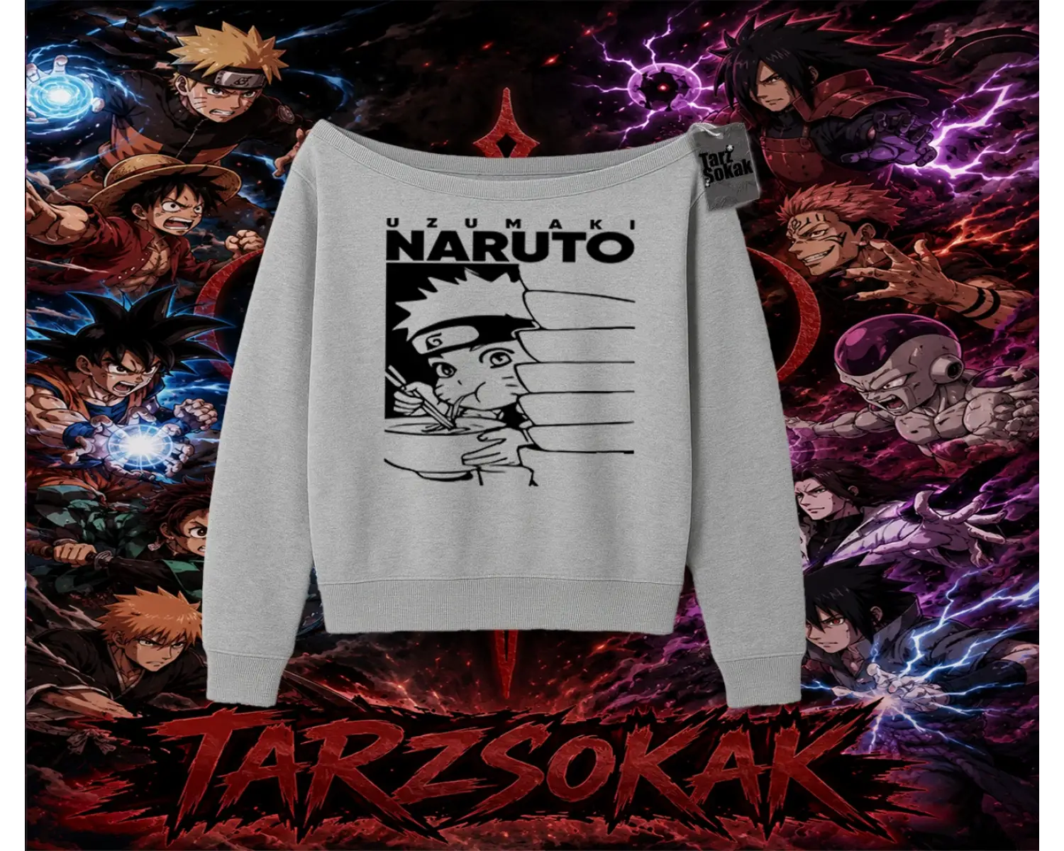 Naruto Uzumaki Premium Anime Kadın Kayık Yaka Sweatshirt Beyaz